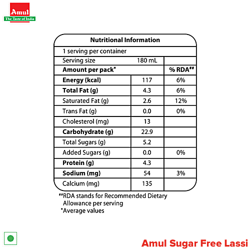 Amul Sugar Free Lassi, 180 ml Tetra Pak