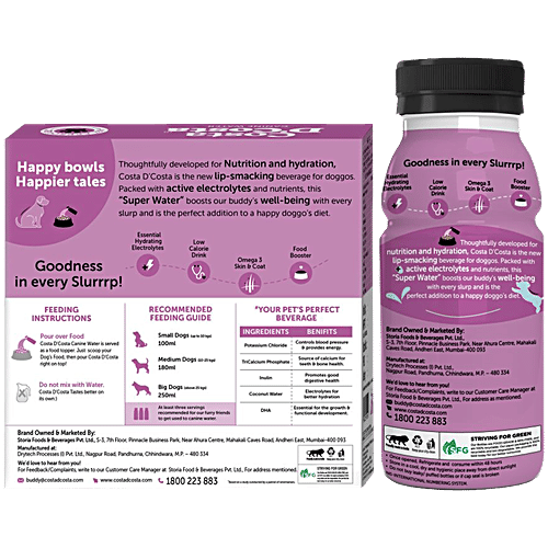 Costa D'Costa  Canine Water For Dogs - 0 To 1 Year, 250 ml (Pack of 3) Boosts Puppy Growth
Improves Hydration
Enhances Bone Strength