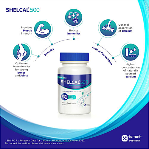 Shelcal 500 Tablets Calcium + Vitamin D3 For Bone & Muscle Health, 40 pcs Bottle 