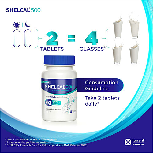 Shelcal 500 Tablets Calcium + Vitamin D3 For Bone & Muscle Health, 40 pcs Bottle 