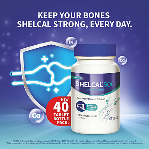 Shelcal 500 Tablets Calcium + Vitamin D3 For Bone & Muscle Health, 40 pcs Bottle 