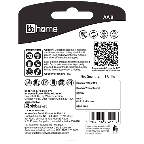 bb home AA Alkaline High-Performance Batteries, 8 pcs Blister Zero Mercury & Cadmium