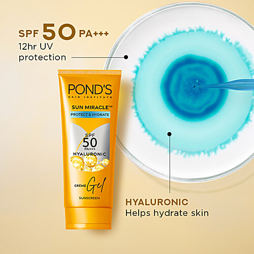 Ponds Sun Miracle SPF 50 PA+++ Sunscreen Creme Gel - With Hyaluronic, Protect & Bright, 50 g  