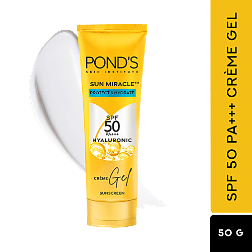 Ponds Sun Miracle SPF 50 PA+++ Sunscreen Creme Gel - With Hyaluronic, Protect & Bright, 50 g  