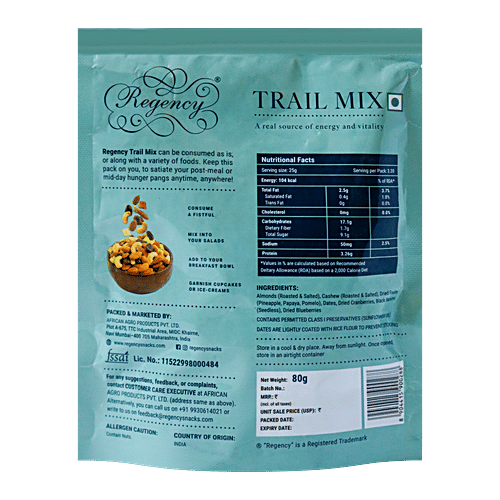 Regency Trail Mix, 80 g  Delicious Nuts
 Dried Fruits and Berries
 Satiate Your Cravings