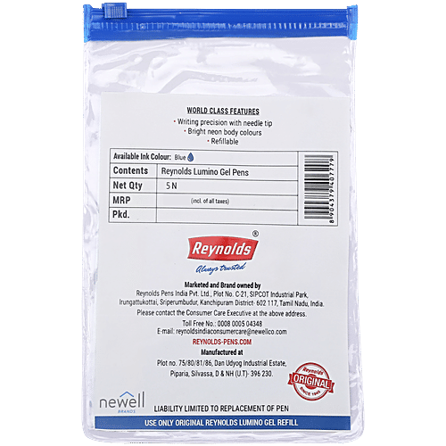 Reynolds Lumino Gel Pens - Blue, 5 pcs  Waterproof Ink, Neon Body Colours