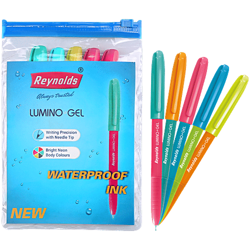 Reynolds Lumino Gel Pens - Blue, 5 pcs  Waterproof Ink, Neon Body Colours