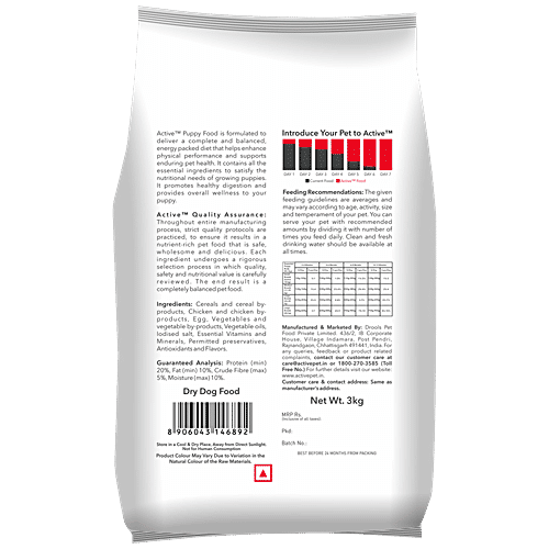 Active Dry Dog Food - With Chicken & Vegetables, Puppy, 3 kg (Buy 1 Get 1 Free)