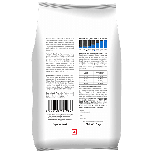 Active Dry Cat Food - With Ocean Fish, Adult, 3 kg (Buy 1 Get 1 Free) 