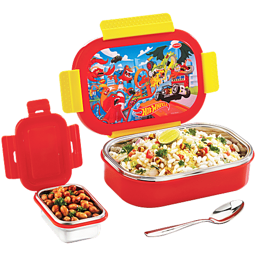 Pratap Lunch Box Steel, Hotwheels, Red, 650 ml