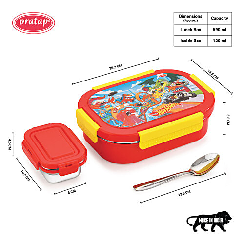 Pratap Lunch Box Steel, Hotwheels, Red, 650 ml