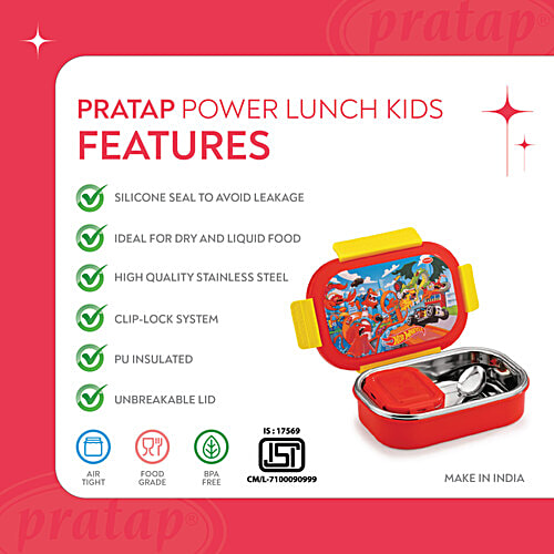 Pratap Lunch Box Steel, Hotwheels, Red, 650 ml