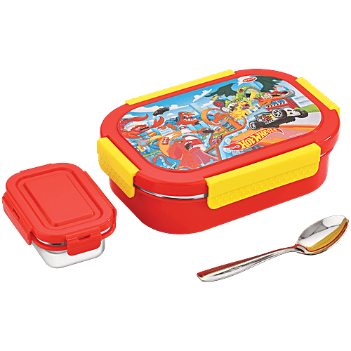Pratap Lunch Box Steel, Hotwheels, Red, 650 ml