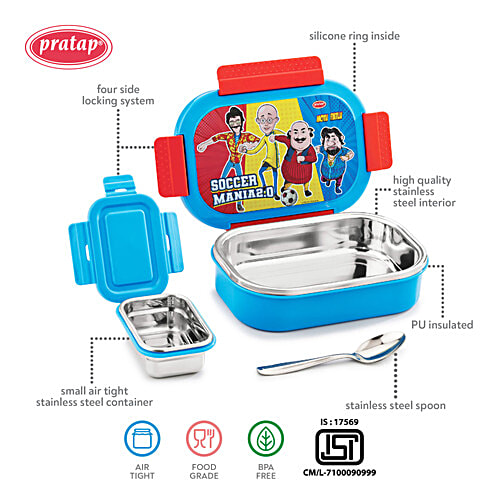 Pratap Lunch Box Steel, Motu Patlu, Blue, 650 ml  