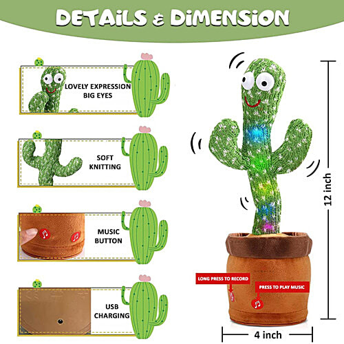 Wembley Dancing/Talking Cactus - For Kids, Wriggle & Singing, Recording Repeat Words,Green, 1 pc  Wriggle & Singing
 Recording Repeat Words
 Glowing
