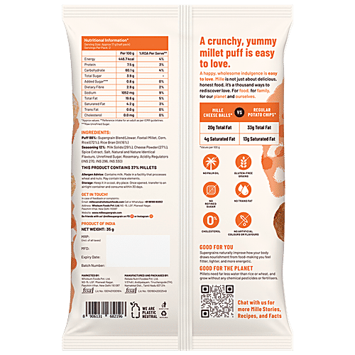 Mille Cheese Balls - Made With Millets, Baked, 35 g  Not Fried, No Preservatives