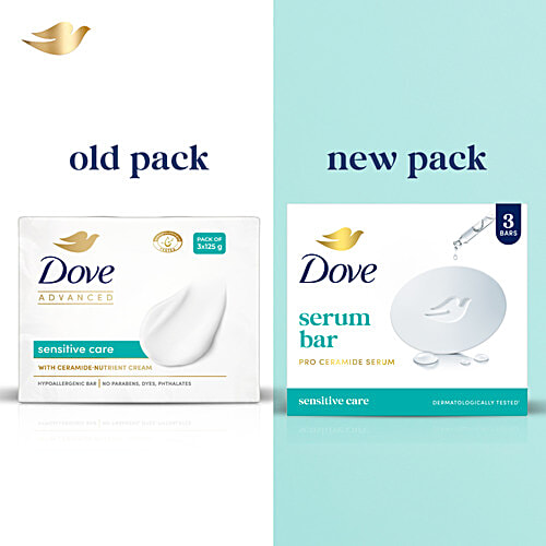 Dove Sensitive Care Pro-Ceramide Serum Bar, 125 g (Pack of 3) Hypoallergenic Formula, No Dyes, Dermatologically Tested