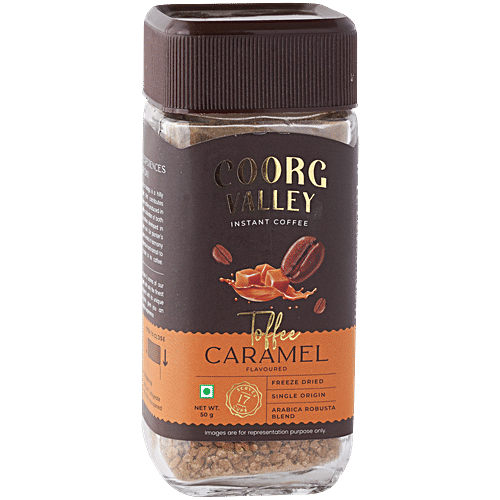 Coorg Valley Toffee Caramel Flavoured Instant Coffee, 50 g  Freeze Dried Coffee
 Caramel Flavoured