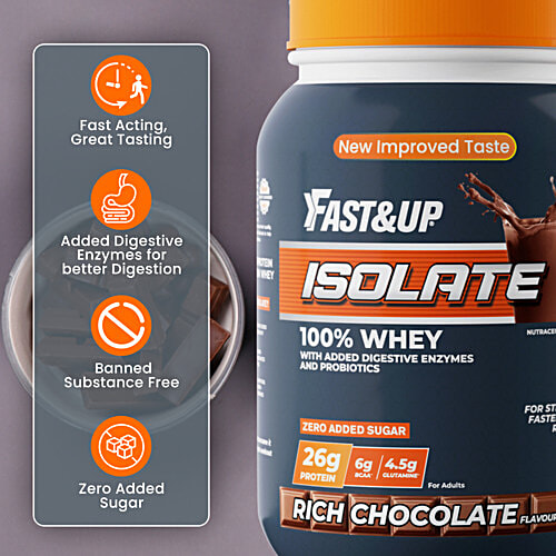 Fast&Up Isolate Rich Chocolate Whey - With Added Digestive Enzymes & Probiotics, 930 g 30 Servings, No Added Sugar