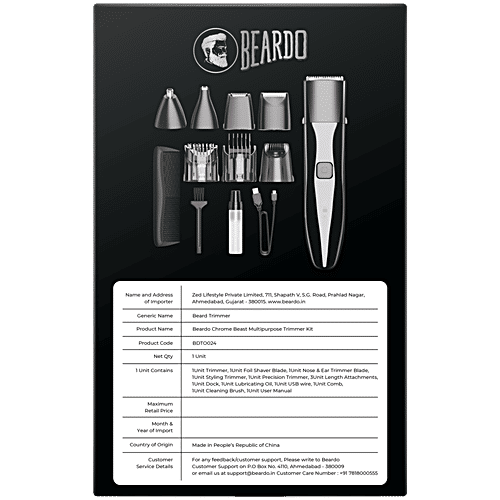 Beardo Chrome Beast Multipurpose Trimmer Set For Men With 40 Length Settings, 6 Attachments, Dock, & 90 Min Runtime, 1 pc  All In 1 Beard, Hair, Body, Precision, Ear, Nose Trimmer