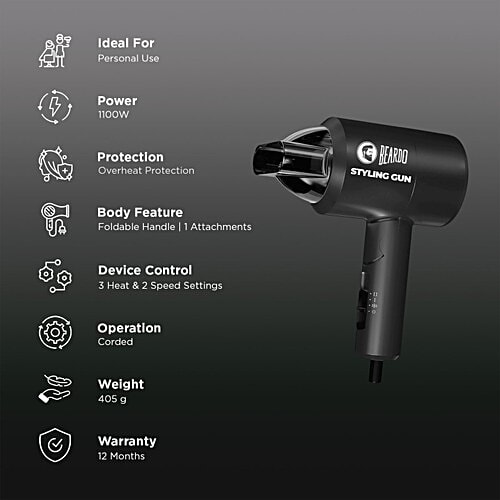 Beardo BEARDO Styling Gun Hair Dryer with 3 Heat Settings & Cool Flow (Thermo-Protect Technology, Black), 1 Unit 3 Heat 2 Speed Setting, Hair Dryer For Men, Travel Friendly