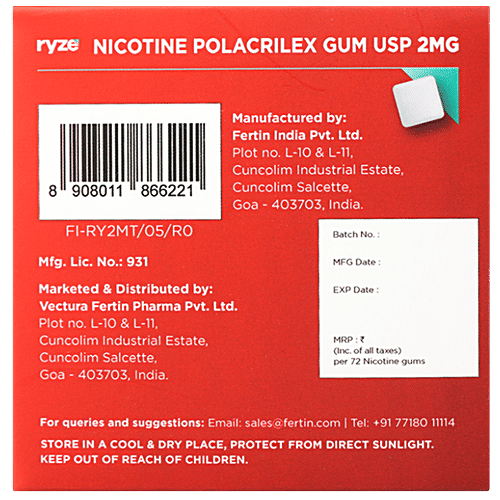 Ryze Nicotine Gums - 2 mg, Frosty Mint, Sugar Free, 1 pc (9 pcs) Nicotine Replacement Therapy, 2 mg, 9 Gums