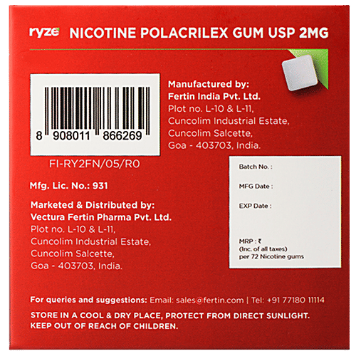 Ryze Nicotine Gums - 2 mg, Fresh Fennel, Sugar Free, 1 pc (9 pcs) Nicotine Replacement Therapy, 2 mg, 9 Gums