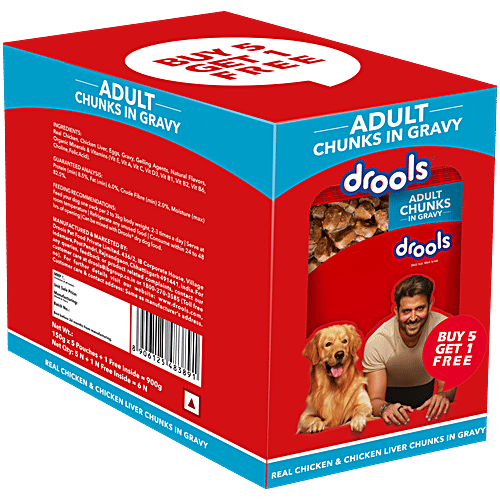 Drools Adult Wet Dog Food, Real Chicken & Chicken Liver Chunks In Gravy, 900 g (6 Pouch x 150 g each) 