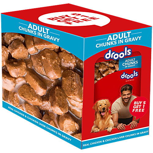 Drools Adult Wet Dog Food, Real Chicken & Chicken Liver Chunks In Gravy, 900 g (6 Pouch x 150 g each) 