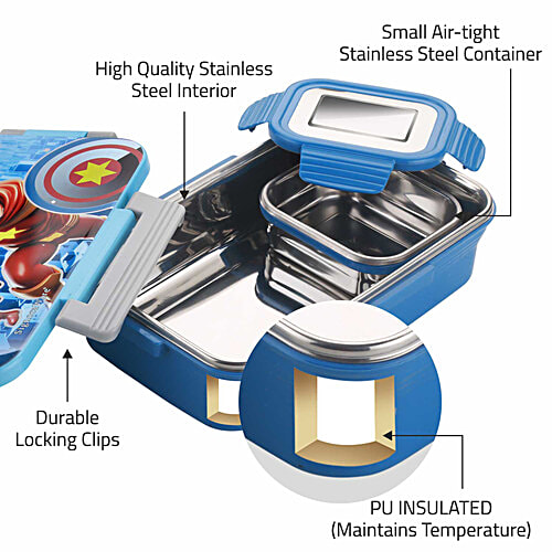 Signoraware Nugget Stainless Steel Lunch Box - Airtight & Leakproof, Blue, 2 pcs (700 ml + 130 ml) 