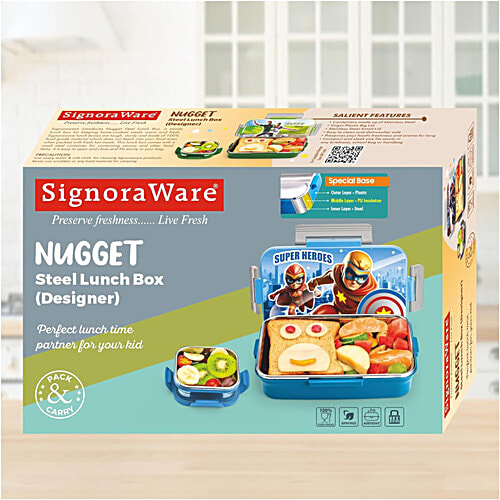 Signoraware Nugget Stainless Steel Lunch Box - Airtight & Leakproof, Blue, 2 pcs (700 ml + 130 ml) 