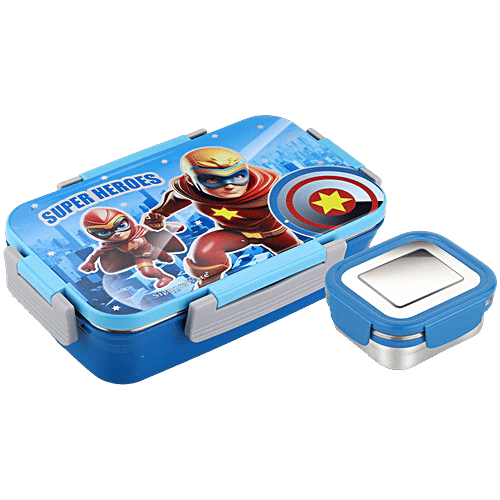 Signoraware Nugget Stainless Steel Lunch Box - Airtight & Leakproof, Blue, 2 pcs (700 ml + 130 ml) 