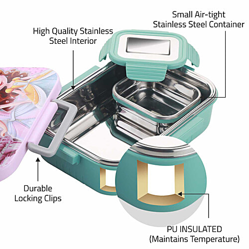 Signoraware Chipmunk Stainless Steel Insulated Kids Lunch Box - With Container, Little Princess, Pink, 2 pcs (850 ml + 130 ml)