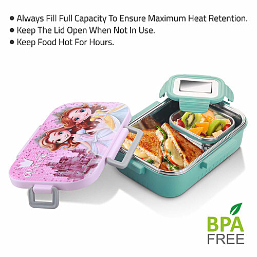 Signoraware Chipmunk Stainless Steel Insulated Kids Lunch Box - With Container, Little Princess, Pink, 2 pcs (850 ml + 130 ml)