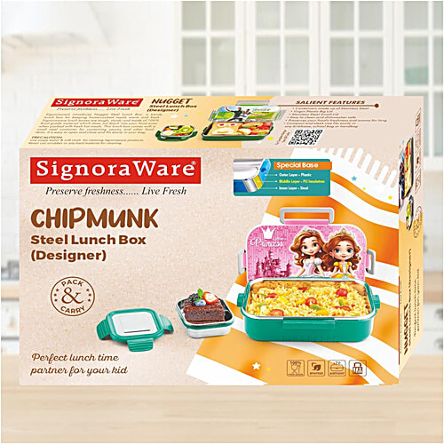 Signoraware Chipmunk Stainless Steel Insulated Kids Lunch Box - With Container, Little Princess, Pink, 2 pcs (850 ml + 130 ml)