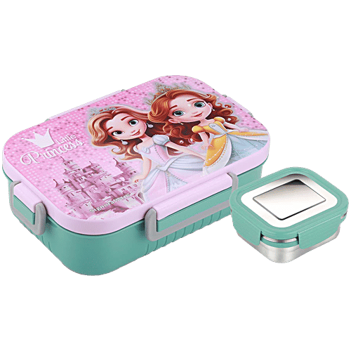 Signoraware Chipmunk Stainless Steel Insulated Kids Lunch Box - With Container, Little Princess, Pink, 2 pcs (850 ml + 130 ml)