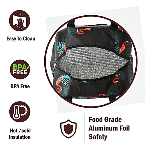 JBG Home Store Kids Lunch Bag - Aluminium Foil Insulated, Leak Proof, Flamingo Print, Black, 1 pc  