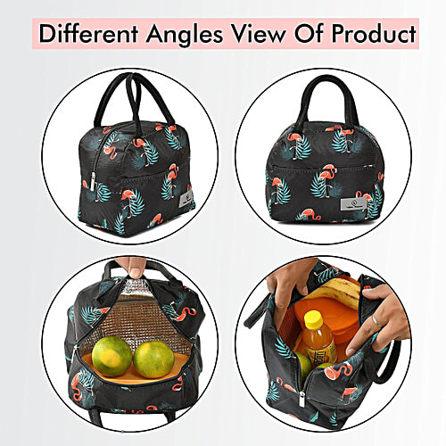 JBG Home Store Kids Lunch Bag - Aluminium Foil Insulated, Leak Proof, Flamingo Print, Black, 1 pc  