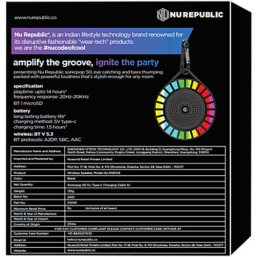 Nu Republic Sonic Pop 50 Bluetooth Speaker - With Upto 14 Hrs Playtime, RGB LED Lights, 5W Output, 50 mm Dynamic Drivers, BT V5.3, Black, 1 pc
