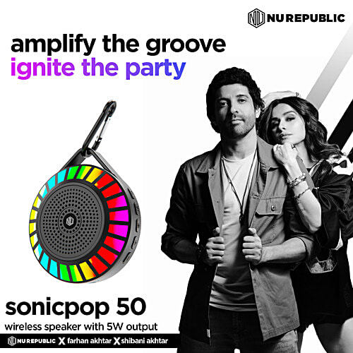 Nu Republic Sonic Pop 50 Bluetooth Speaker - With Upto 14 Hrs Playtime, RGB LED Lights, 5W Output, 50 mm Dynamic Drivers, BT V5.3, Black, 1 pc