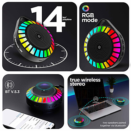Nu Republic Sonic Pop 50 Bluetooth Speaker - With Upto 14 Hrs Playtime, RGB LED Lights, 5W Output, 50 mm Dynamic Drivers, BT V5.3, Black, 1 pc