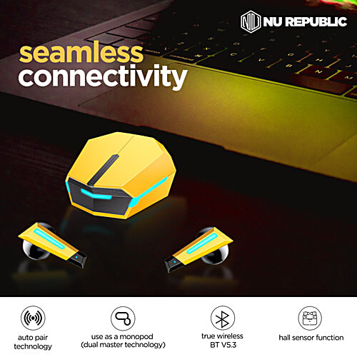 Nu Republic Transform X Bluetooth Earphones - With X Bass, Wireless, ENC Technology, 60 Hrs Playtime, TWS With Mic & Hall Sensor, Fast Charge, Dual Mode (Game/Music), LED Lights, Yellow, 1 Unit  