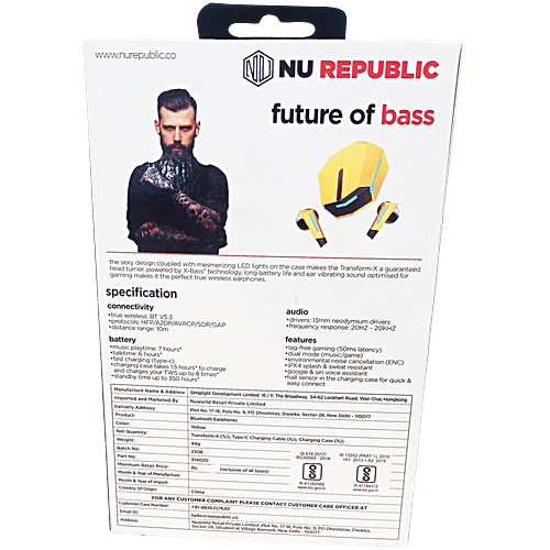 Nu Republic Transform X Bluetooth Earphones - With X Bass, Wireless, ENC Technology, 60 Hrs Playtime, TWS With Mic & Hall Sensor, Fast Charge, Dual Mode (Game/Music), LED Lights, Yellow, 1 Unit  