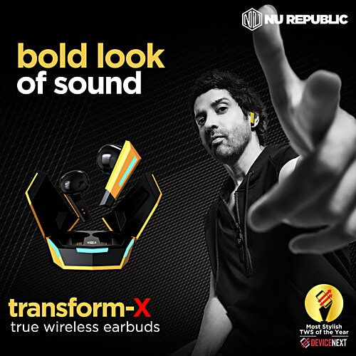 Nu Republic Transform X Bluetooth Earphones - With X Bass, Wireless, ENC Technology, 60 Hrs Playtime, TWS With Mic & Hall Sensor, Fast Charge, Dual Mode (Game/Music), LED Lights, Yellow, 1 Unit  