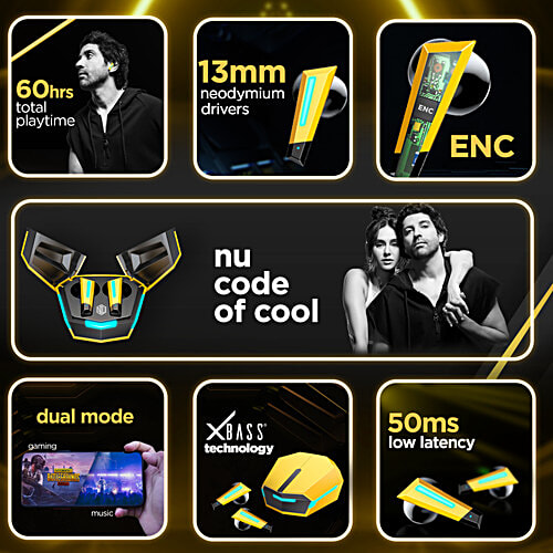 Nu Republic Transform X Bluetooth Earphones - With X Bass, Wireless, ENC Technology, 60 Hrs Playtime, TWS With Mic & Hall Sensor, Fast Charge, Dual Mode (Game/Music), LED Lights, Yellow, 1 Unit  