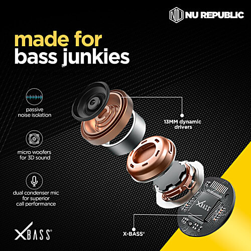 Nu Republic Transform X Bluetooth Earphones - With X Bass, Wireless, ENC Technology, 60 Hrs Playtime, TWS With Mic & Hall Sensor, Fast Charge, Dual Mode (Game/Music), LED Lights, Yellow, 1 Unit  