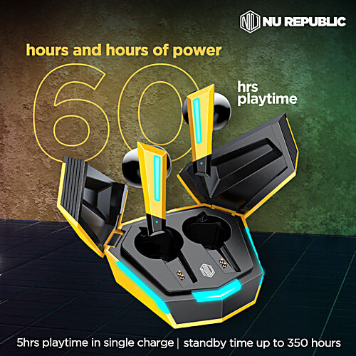 Nu Republic Transform X Bluetooth Earphones - With X Bass, Wireless, ENC Technology, 60 Hrs Playtime, TWS With Mic & Hall Sensor, Fast Charge, Dual Mode (Game/Music), LED Lights, Yellow, 1 Unit  