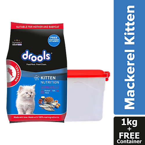 Drools Mackerel Kitten Dry Cat Food, 1 kg (Get Free Container)