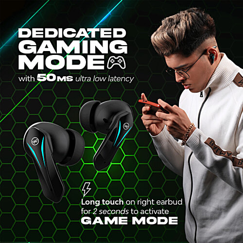 Wing'S Phantom 550 Earbuds With Low Latency Game Mode, 45 hr Playtime, Touch Controls Bluetooth Gaming Headset, Black, True Wireless, 1 pc  