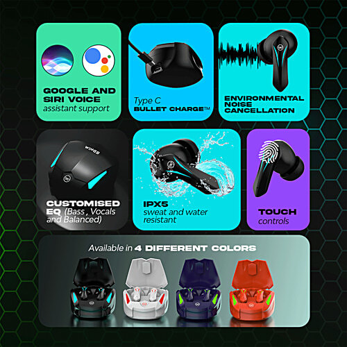 Wing'S Phantom 550 Earbuds With Low Latency Game Mode, 45 hr Playtime, Touch Controls Bluetooth Gaming Headset, Black, True Wireless, 1 pc  